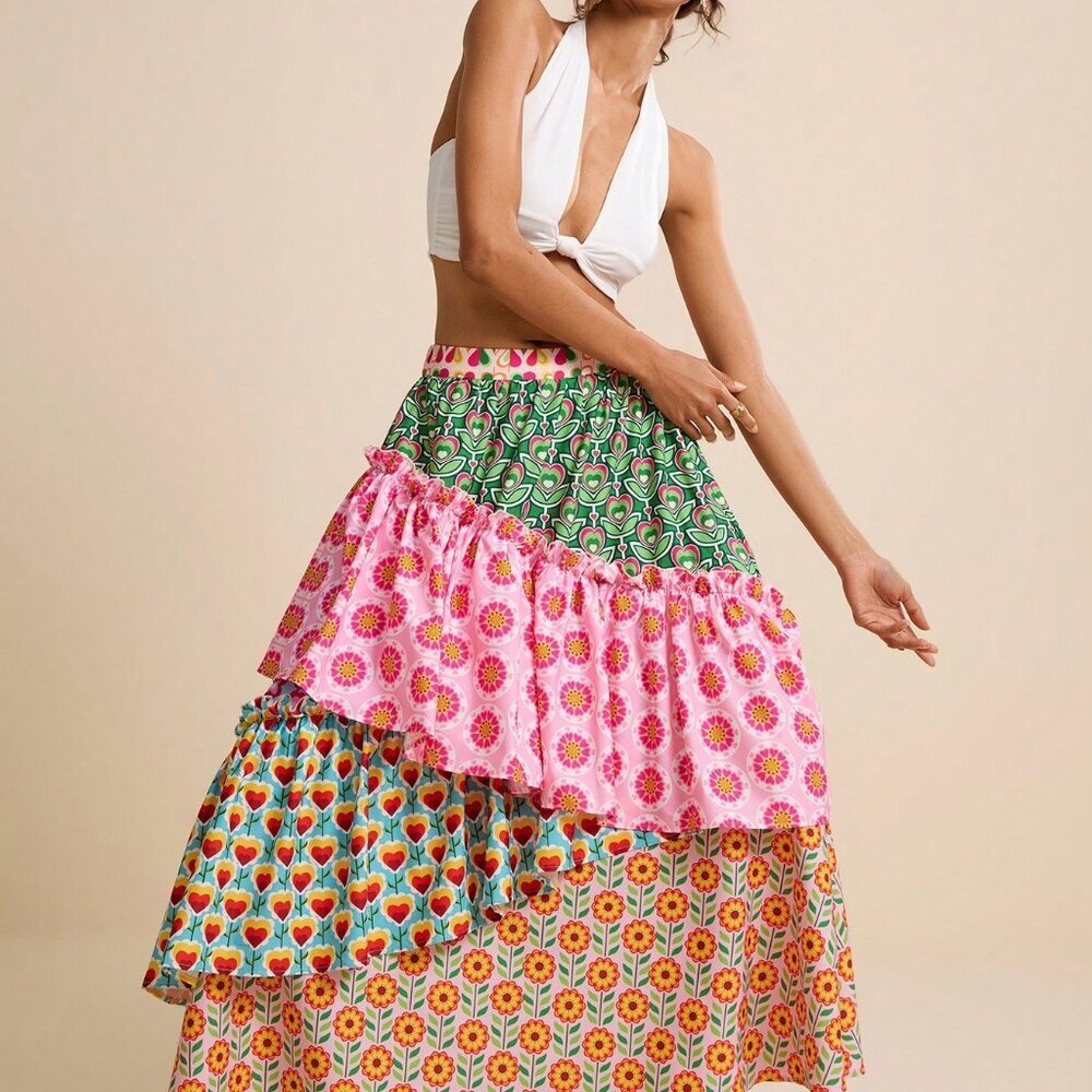 Multicolor Boho Women's Patchwork Asymmetric A-Line Floral Tiered Skirt - Picture 5 of 7